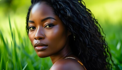 Portrait of a stunning Afro American woman surrounded by vibrant green grass