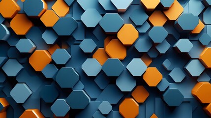 Blue and orange hexagons background pattern 3D rendering. 