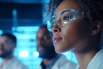 Poster - Focused Female Scientist Wearing Protective Eyewear in a High-Tech Laboratory Environment
