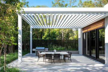 An exterior design of white depth with slats, a latticed patio roof, and a modern dining set under it. Modern garden architecture