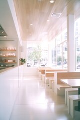 Aufkleber - Modern Eco-Friendly Restaurant Interior with Soft Ambient Lighting Featuring Minimalist Design and Large City View Windows