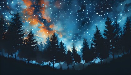 Wall Mural - Starry Night Sky with Silhouette Forest Shadows in Abstract Art Generation