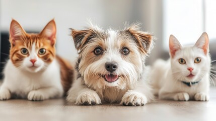 Poster - Happy Dog and Two Cats Looking at Camera.