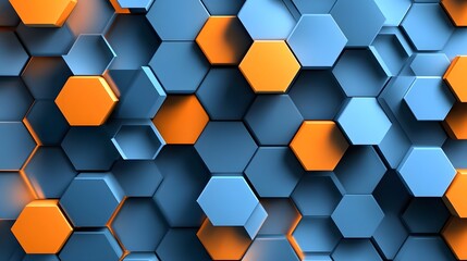 Blue and orange hexagons background pattern 3D rendering. 