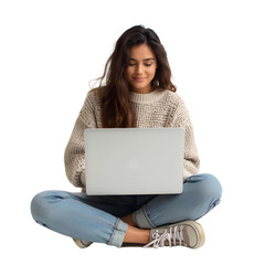 Smiling Young Woman Sitting Cross-Legged Using Laptop on Transparent Background