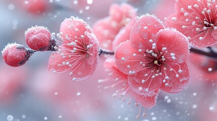 Frost-covered pink blossoms on a branch in a serene winter setting.