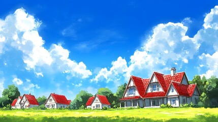 Wall Mural - Countryside Village Houses with Red Roofs and Green Trees under Blue Sky with Clouds