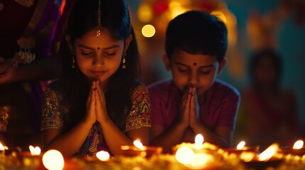 parents and children praying in front of a home altar, with blurred diwali lights behind them.