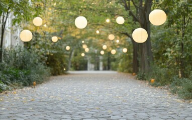 Poster - Cobblestone Pathway at Night with Hanging Lanterns in a Serene and Spooky Atmosphere
