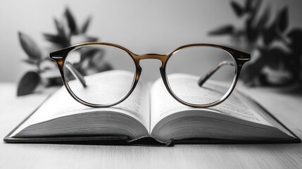 Wall Mural - Glasses resting on an open book with a blurred background.