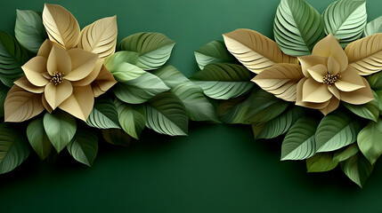 Wall Mural - Golden Flowers with Green Leaves on Green Background