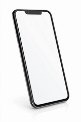 frameless smartphone standing at an angle, with a blank screen on a white isolated background