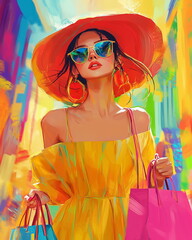 Wall Mural - colorful painting of fashion lady with shopping bags