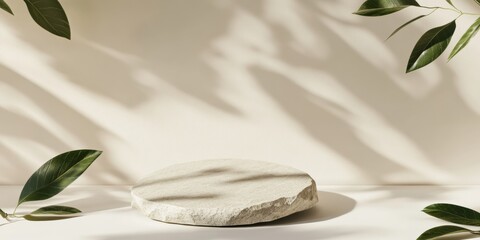 Aufkleber - Minimalist Stone Podium with Leaves and Soft Shadows Against Beige Background