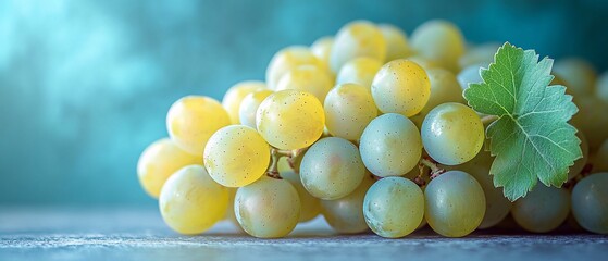 Wall Mural - A bunch of green grapes with a single leaf on a wooden surface.