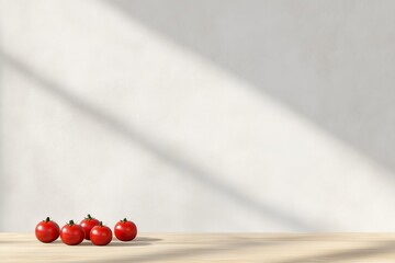 Poster - Minimalist Kitchen Wall with Tomato Shadows and Wooden Floor - Clean Ambient Lighting