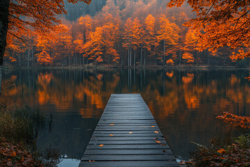 Sticker - A wooden dock sits on a lake with autumn leaves surrounding it