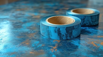 Two rolls of blue tape on a textured surface.