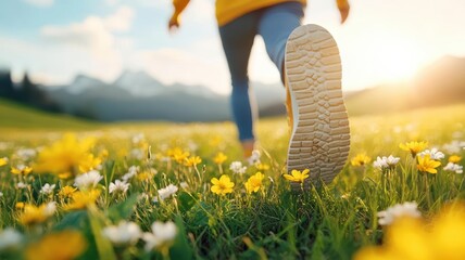 Runner in a grassy field with wildflowers, sunlight streaming, symbolizing freedom and natural beauty