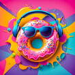 © jianghaistudio - Illustration of round donut doughnut  with headphones and sunglasses on the abstract background.