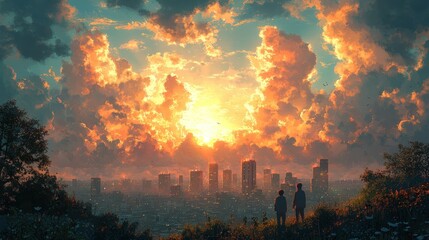 A serene sunset over a city skyline with two figures watching.