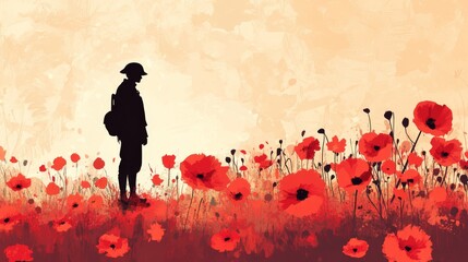 Wall Mural - A field of poppies with a soldier silhouette