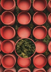 Poster - Symmetrical Aerial View of Red Circular Frames Encasing Green Forest Scenes with Soft Lighting and Subtle Shadows
