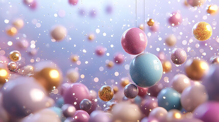 Colorful 3D spheres float in dreamy atmosphere filled with sparkling particles, creating vibrant and festive visual experience. 