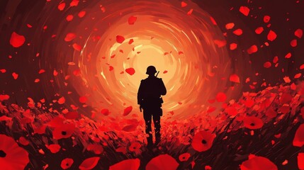 Wall Mural - creative illustration of a soldier silhouette surrounded by red poppy petals.