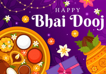 Wall Mural - Happy Bhai Dooj Indian Festival Celebration Vector Illustration of Sisters Praying for Their Brothers Protection with Applying a Forehead Dot