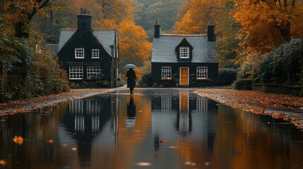 Wall Mural - A serene autumn scene with a person walking by quaint houses.