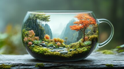 Wall Mural - A serene landscape inside a glass cup, showcasing nature's beauty.