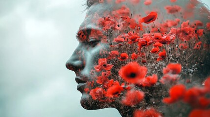 Wall Mural - A man's face is covered in red flowers