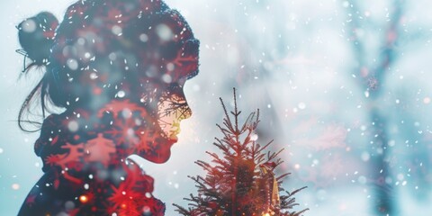 Poster - A woman is standing in front of a Christmas tree, with snow falling around her