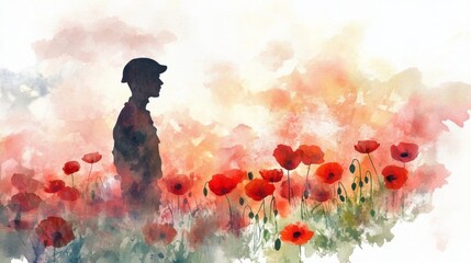 Poster - A man stands in a field of red poppies