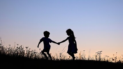 Sticker - Two children are running in a field with the sun setting in the background