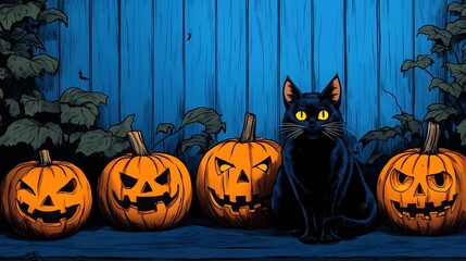 Black Cat with Halloween Pumpkins and Blue Background