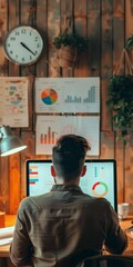 Poster - Marketer at desk with data charts from behind.
