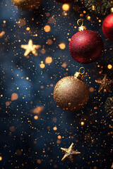 wallpaper, dark blue background with golden Christmas ornaments and red Christmas balls . AI generative.