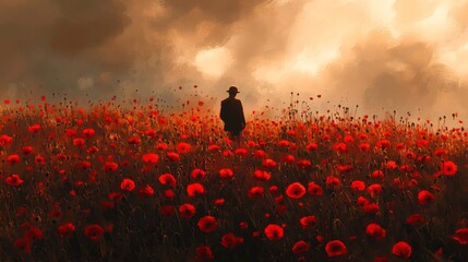 Wall Mural - Realistic depiction of a field of red poppies with a subtle soldier silhouette