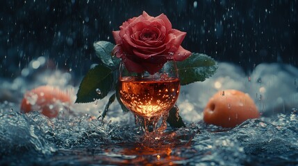 A rose in a glass amidst splashing water and oranges.