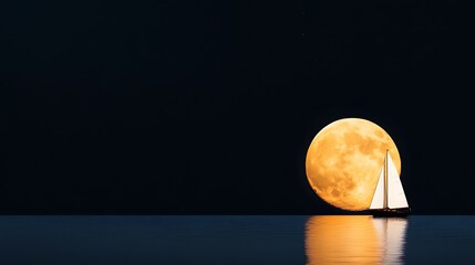 an enormous yellow moon reflects on the water. a silhouette of a sailboat against the moon. black ba