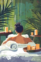 Wall Mural - A woman is relaxing in a bathtub with candles and a towel