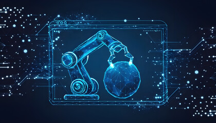 Fototapete - Abstract polygonal 3d illustration of computer screen and robotics in dark blue. Innovative web development, app or website design concept. Digital vector mesh with lines, dots, stars and particles. 