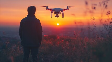 Man operates drone with remote control at sunset