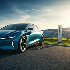 car on the road. Charge electric car using solar system