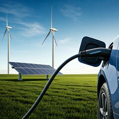 wind turbine in the field. Solar panels with electric vehicle.