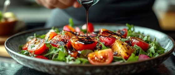 Wall Mural - A fresh salad with grilled peaches and tomatoes, being drizzled with balsamic glaze.