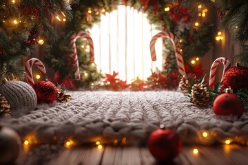 Wall Mural - A 3D Christmas-themed promotional background featuring plush, knitted textures and festive decorations like ornaments, holly, and candy canes