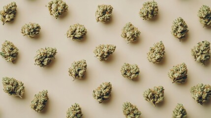 Wall Mural - Detailed macro shot of dried cannabis buds arranged on a neutral background to emphasize the texture and natural beauty of the plant